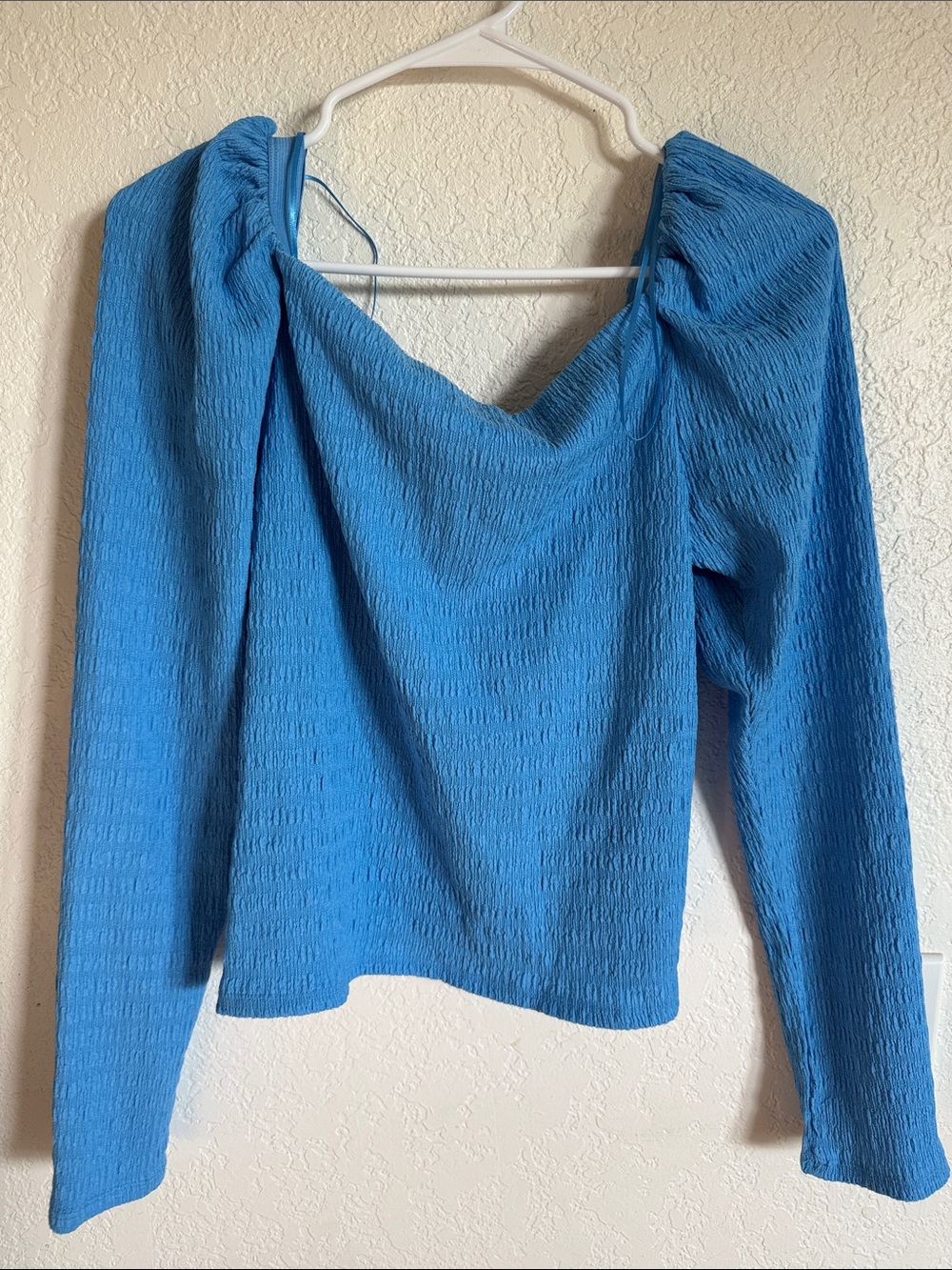 H&M Bright Blue Off-Shoulder Textured Long Sleeve Top